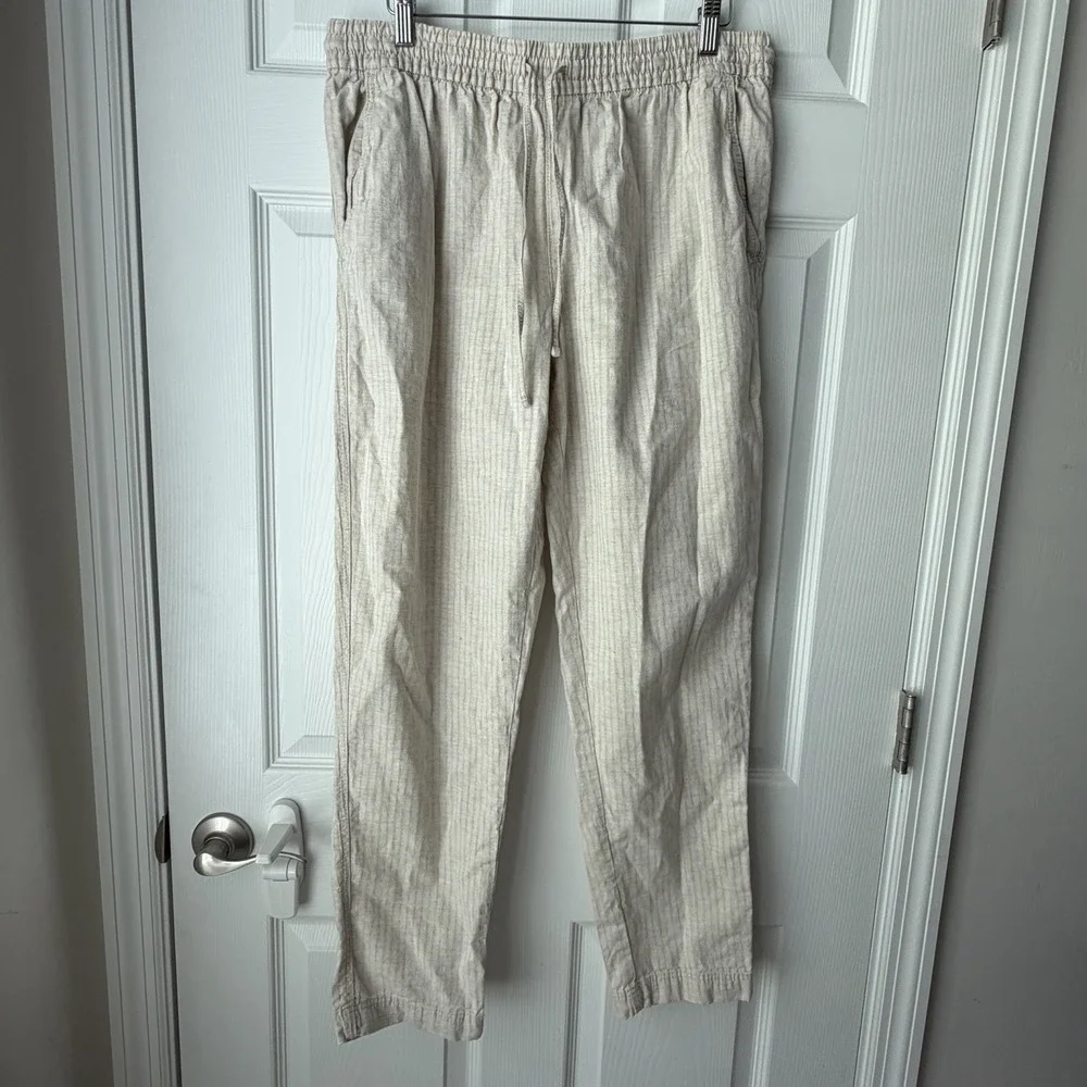 H&M Taupe Striped Linen Blend Drawstring Waist Pants Medium
